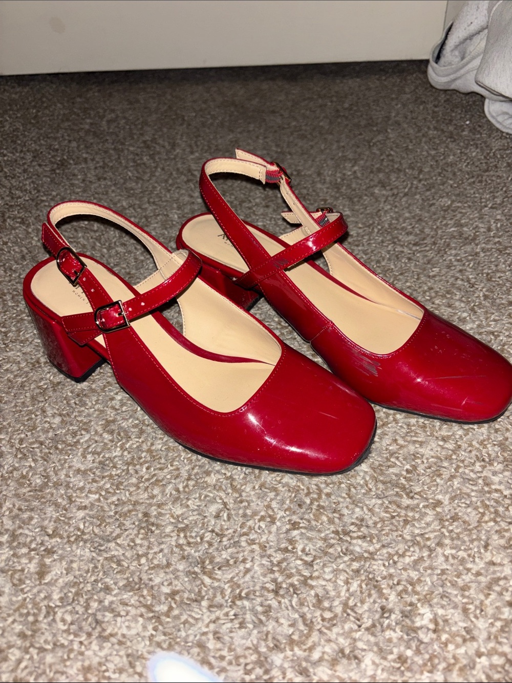 Red Patent Slingback Block Heel Mary Jane Pumps